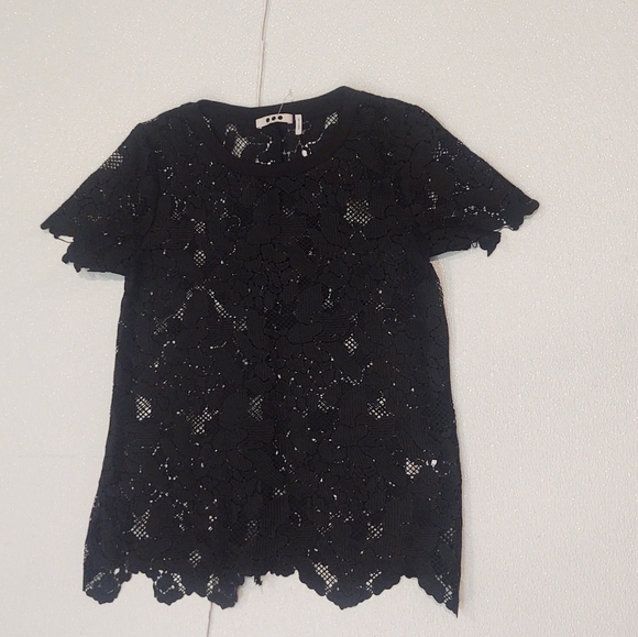 Three Dots Black See through Lace Short Sleeve Top S - Picture 2 of 5